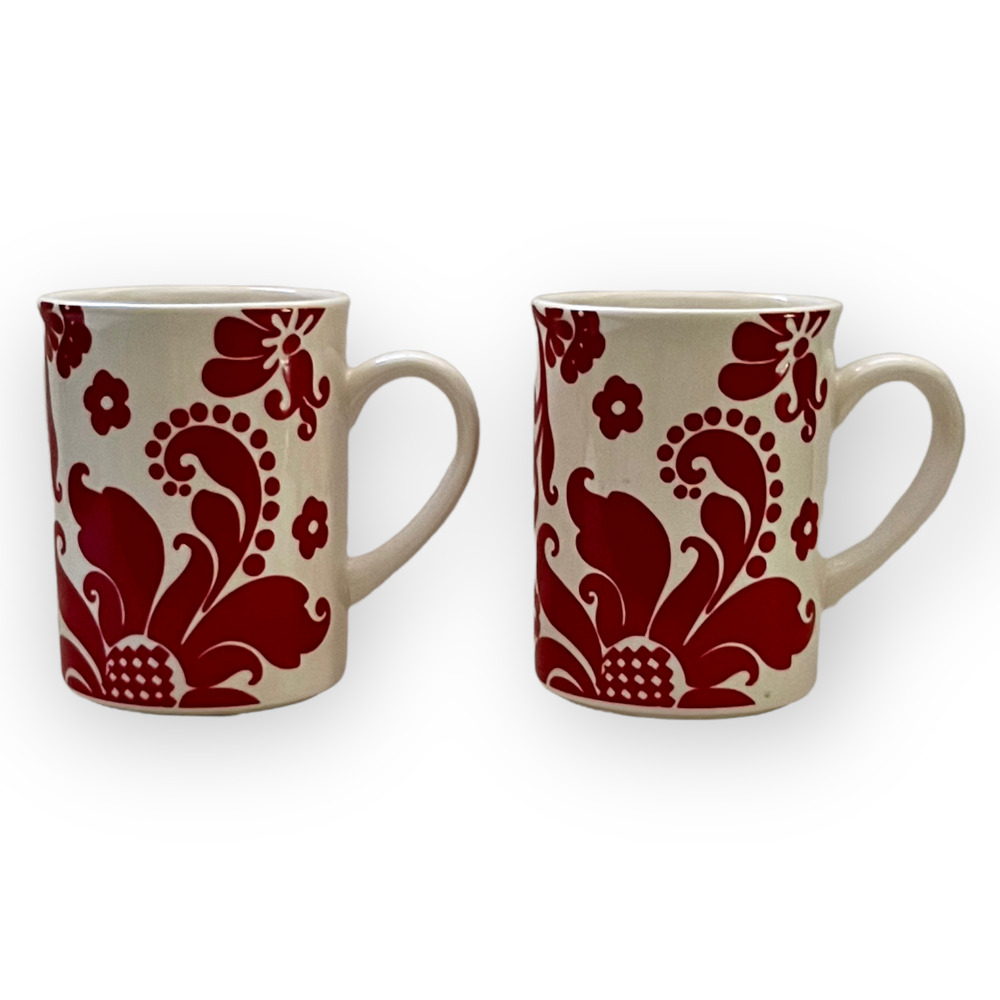 R Table Set of 2 Of-White & Red Floral Paisley Ceramic Coffee Mugs